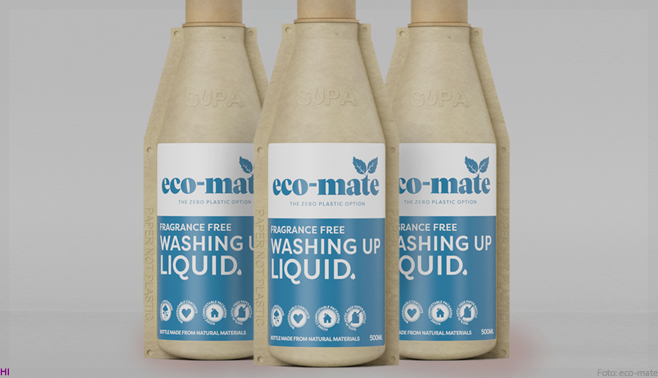 Garrafas de papel sem plástico são usadas pela marca ‘eco-mate’ de detergentes no Reino Unido